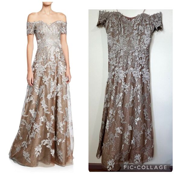 Rene Ruiz Neiman Marcus Sweetheart Metallic Lace Formal Dress Gold Women’s 18 - Picture 1 of 16